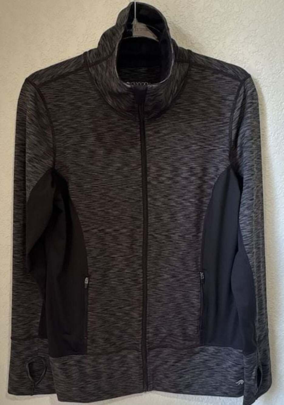 Ideology Women's Black and Gray Full-Zip Active Jacket with Thumb Holes, Size L